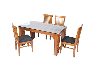 Image of Teak Wood Dining Table with Glass Top-4 seater - 2